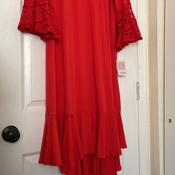 LuLaRoe Red Midi Dress with Lace Sleeves - Picture 2 of 7